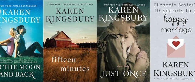 This collage of Karen Kingsbury Christian Romance Books includes Just Once