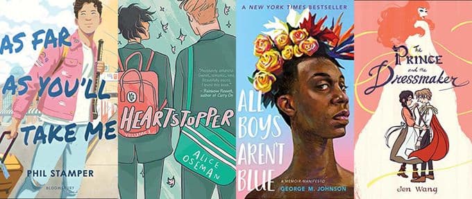 Collage of LGBTQIA+ books like Heartstopper